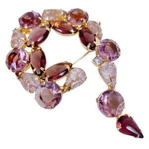 VTG Purple Glass Brooch Gold Tone Statement Pin Prong Set Navette Marquise Swirl
